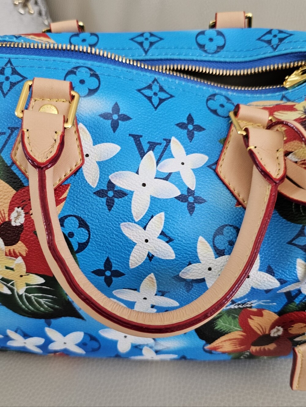 Blue Floral Monogram Speedy Satchel Bag